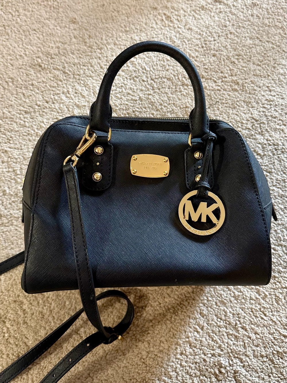 Michael Kors Black Saffiano Dome Satchel with Gold MK Charm